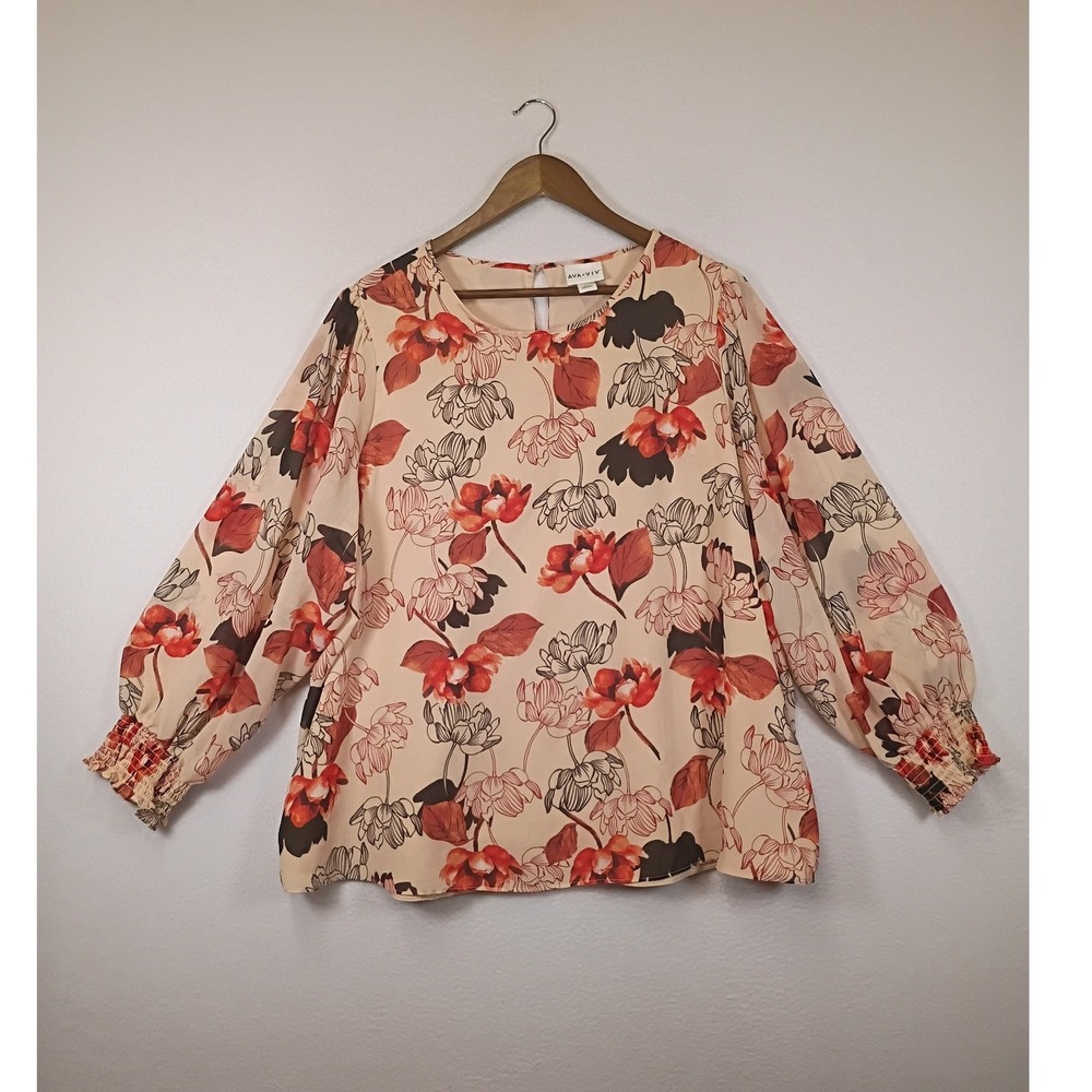 Boho Floral Ava & Viv Womens 2X Peach Red Smocked Cuff‎ Lined Chiffon Blouse Top